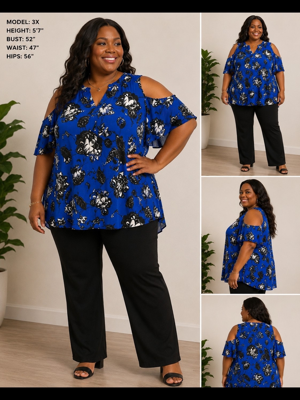 Vince Camuto 3X Blue Floral Cold Shoulder Blouse Black White Top